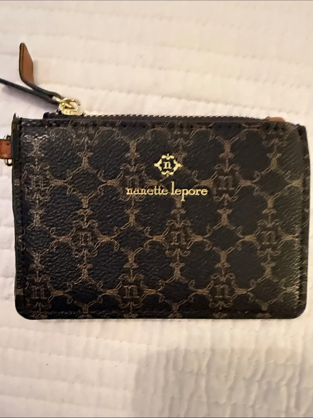 Nanette Lepore Black and Brown Monogram Zip Card Case